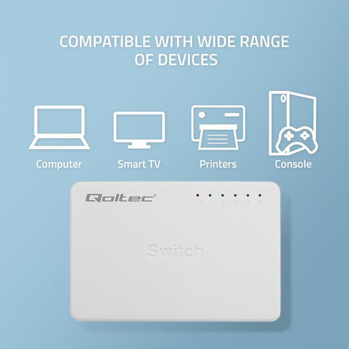 Qoltec SWITCH Przełącznik sieciowy 5 x port RJ45 | 100Mbps | Fast Ethernet | LAN