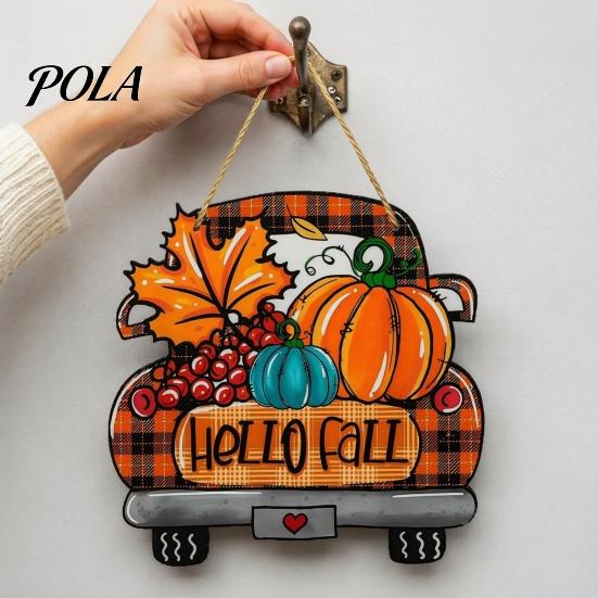 Orange Maple Leaf Ornament Hello Fall Wooden Hanging Sign, Retro Plaid Pickup Truck Ornaments, Wall Pendant Autumn Harvest Party Supplies with Pumpkin