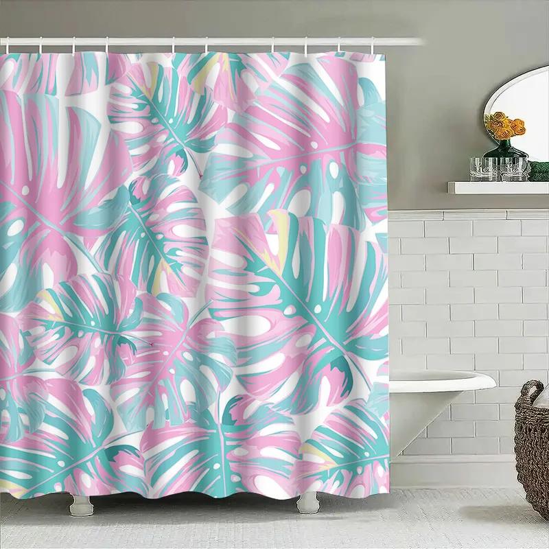 Vibrant Palm Leaf Shower Curtain For Bathroom Decor Pink Teal Floral Waterproof Fabric Decoration