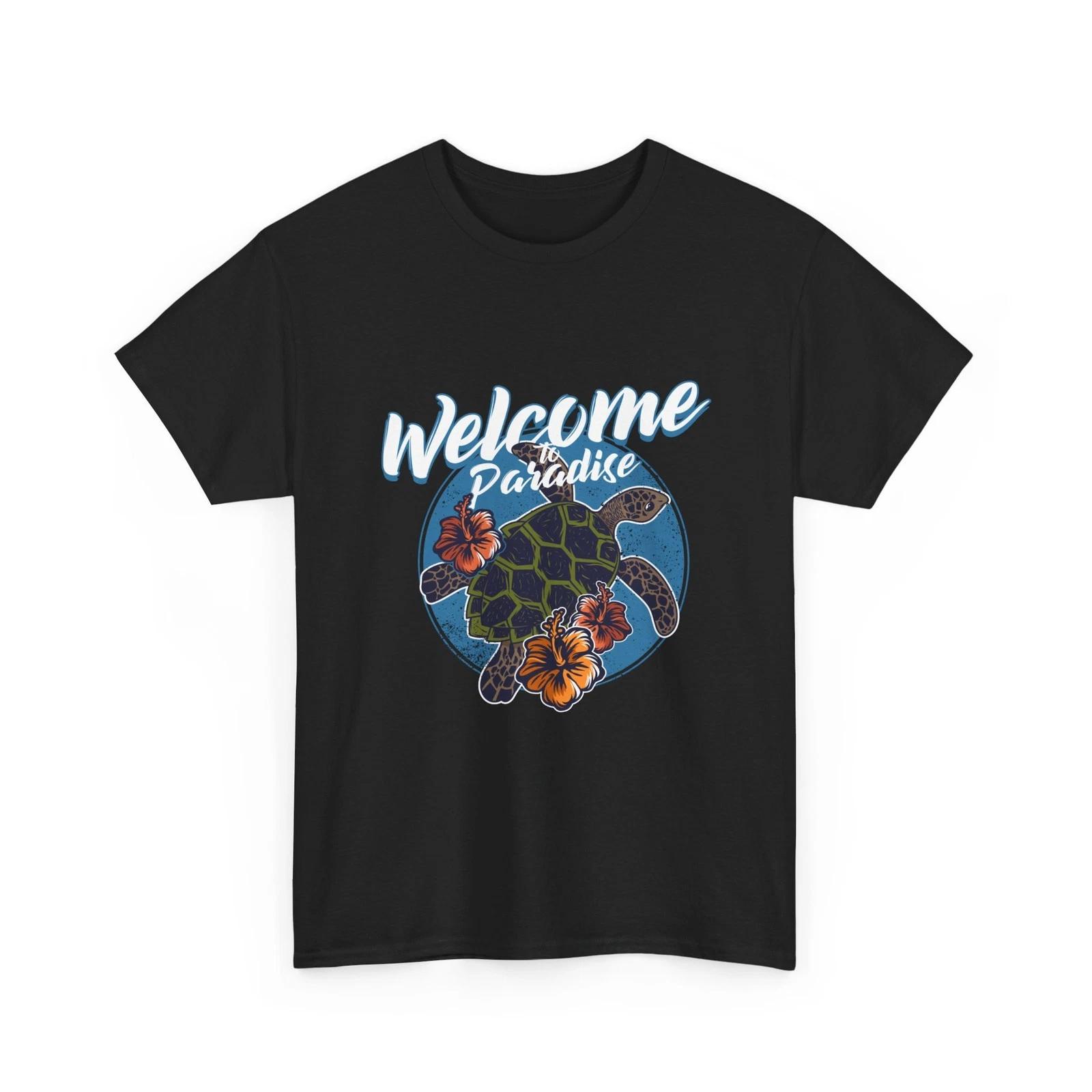 Welcome Paradise Sea Turtle T-Shirt | Tropical Hibiscus Tee, Vacation T-Shirt L