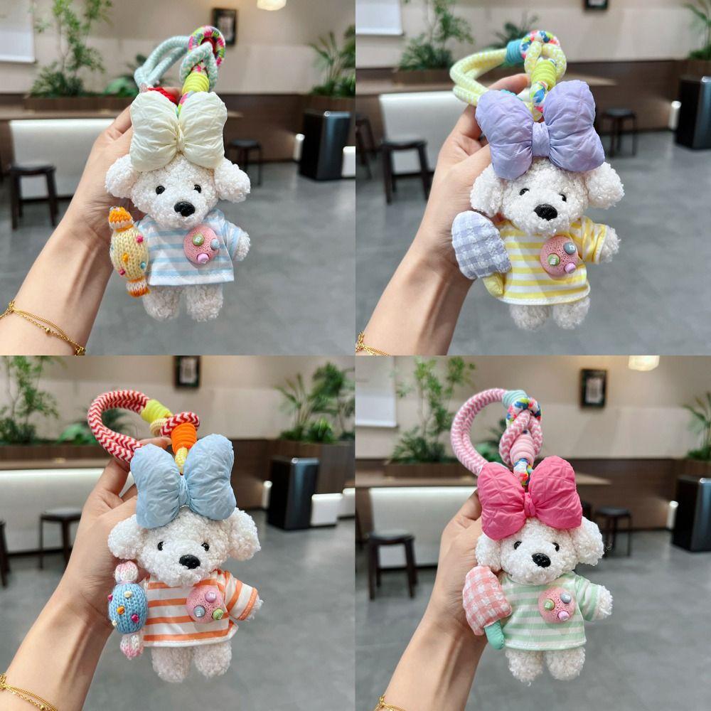 Cute Cartoon Cartoon Dopamine Dog Keychain Striped Top Car Key Ring New Bag Charm  Small Gifts