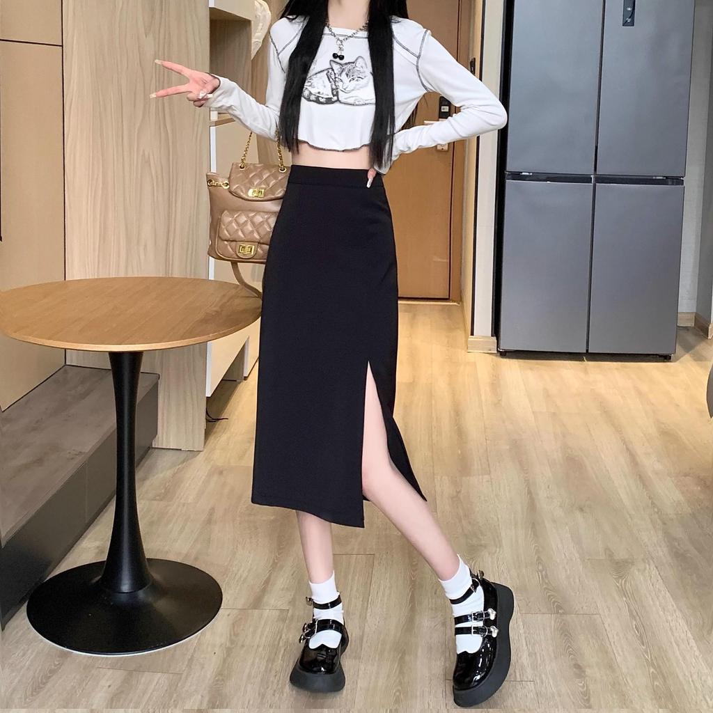 2024 Spring Trendy Black High Waist Bodycon A-line Midi Skirt for Women