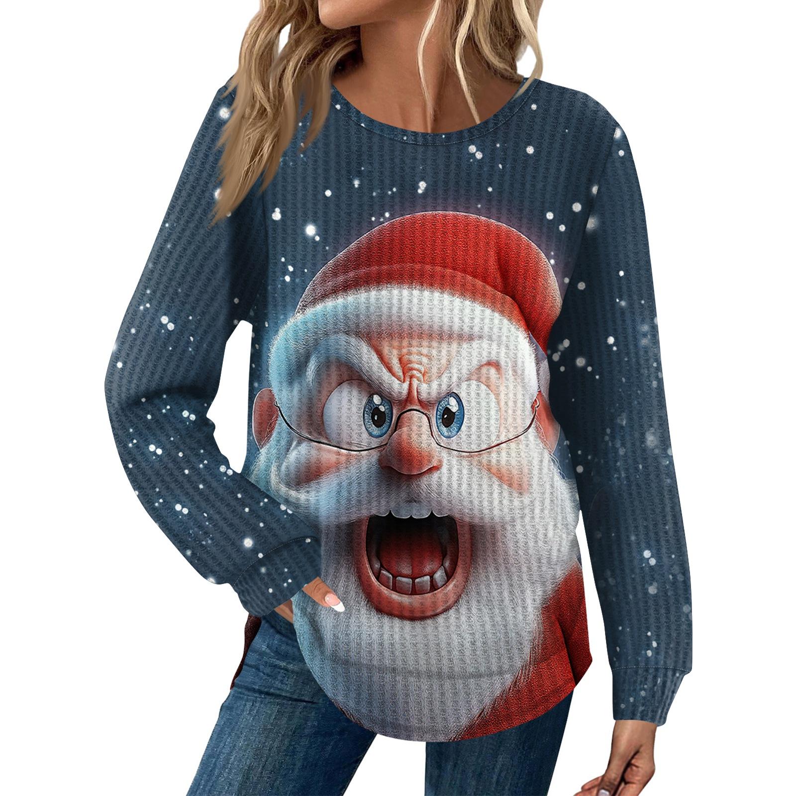 

Женская Мода Повседневный Свободный Топ с Круглым Вырезом и Длинным Рукавом с Рождественским Принтом L