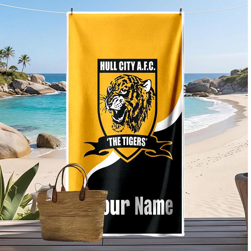 Asciugamano da Spiaggia Personalizzato Stampato Hull City Logo Calcio Supporto Nome Personalizzato Testo Asciugamano Assorbente Per Sport Viaggio Regalo Speciale