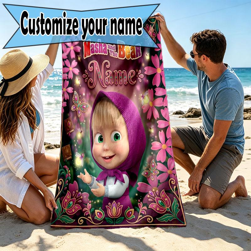 Custom Name Personalized Masha and the Bear Print Beach Towel, for Trip Camping Beach Party Home Decor, Birthday Gift for Family & Friends