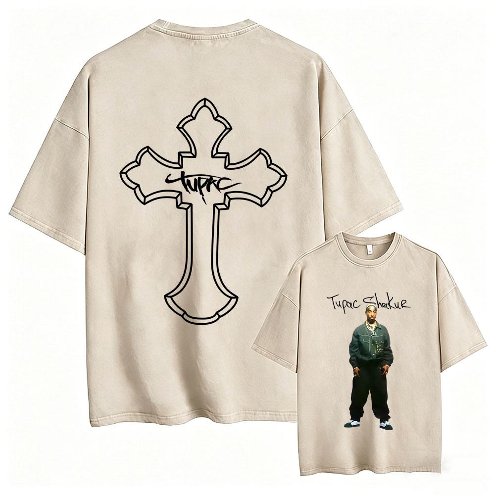Rapper Tupac 2pac All Eyez On Me Cross Vintage Washed T Shirt Men Hip Hop Fashion Retro Tshirt Mens Casual Oversized Tshirts