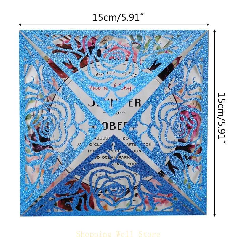 KX4B 20pcs/set Wedding Invitations Cards Glitter Rose Flower Greeting Card Invite Envelopes Bridal Shower Supplies