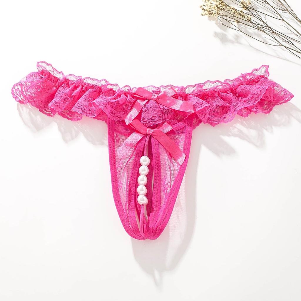 Women Lace Open Crotch Thong Hollow Out Sexy Pearl Massage Transparent Lace Panties Low Waist Sexy Lingerie T-Back Porn G-String