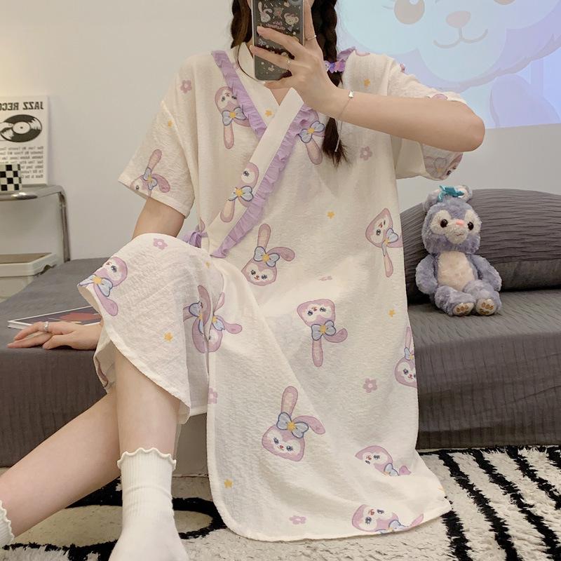 2025 Summer Kimono Maternity Nightdress - Crinkle Cotton, Postpartum Mid-Length, Short Sleeve Nursing Dress