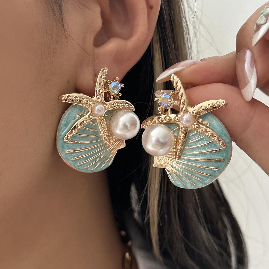 Ocean Exaggerated Shell Starfish Pearl Stud Earrings For Women Blue Textured Seashell Earring Girls Beach Party Vacation Jewelry
