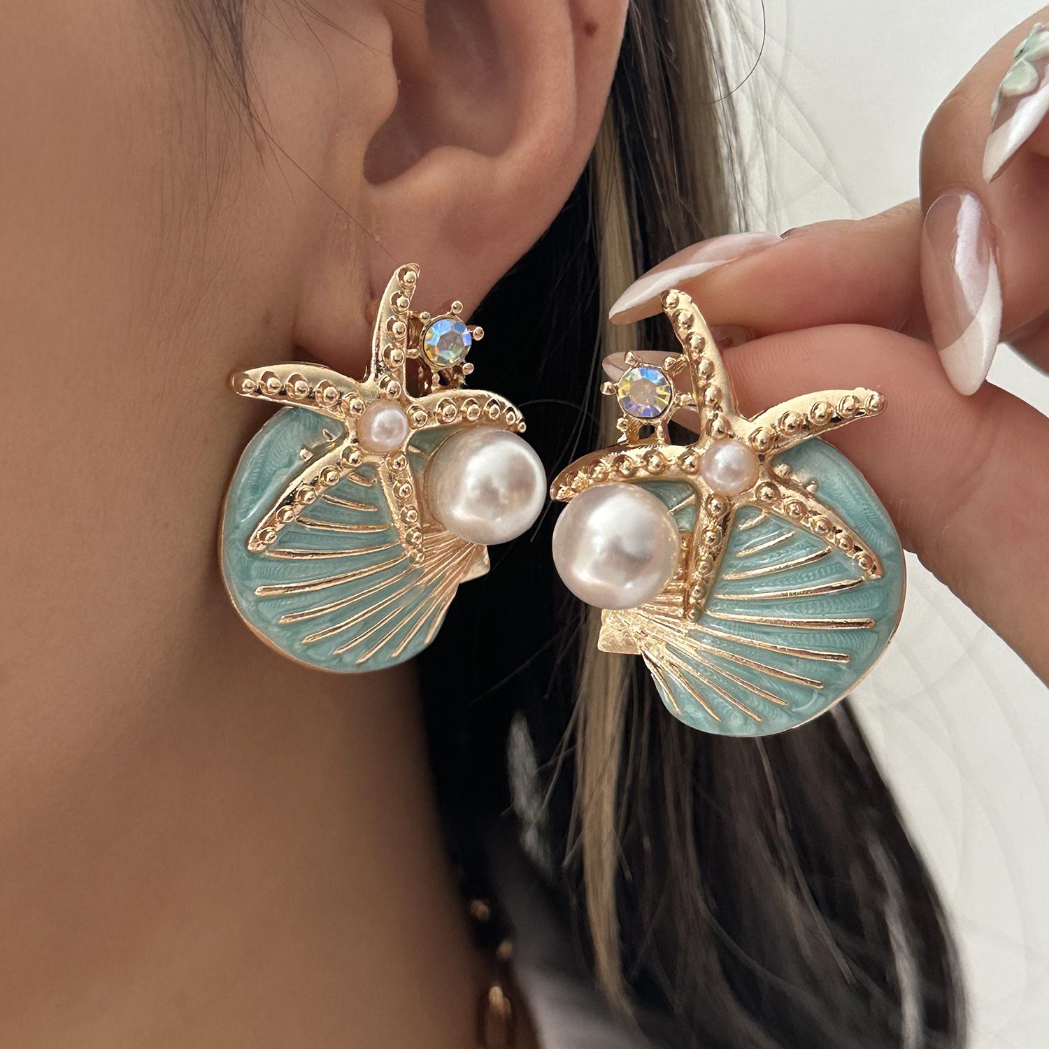 

Exaggerated Metal Starfish Shell Pearl Necklace Earring for Women Boho Ocean Coral Scallop Pendant OT Clasp Bracelet Jewelry