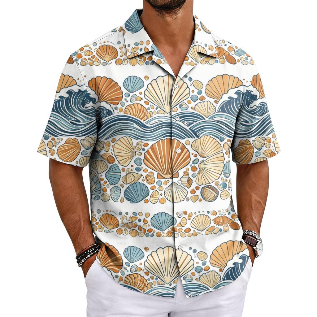 Men's Summer Short Sleeve Cuban Collar Shirt Casual Button Down Lightweight Breathable Beach Shirt with Starfish Print