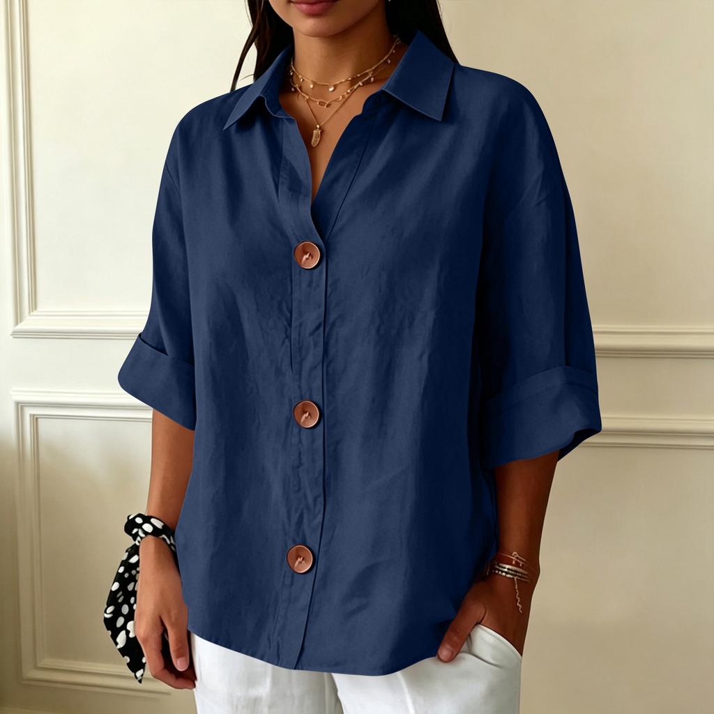Women's Casual Loose Fit Button Down Shirt Three Quarter Sleeve Collared Blouse Lightweight Soft Fabric Relaxed Style