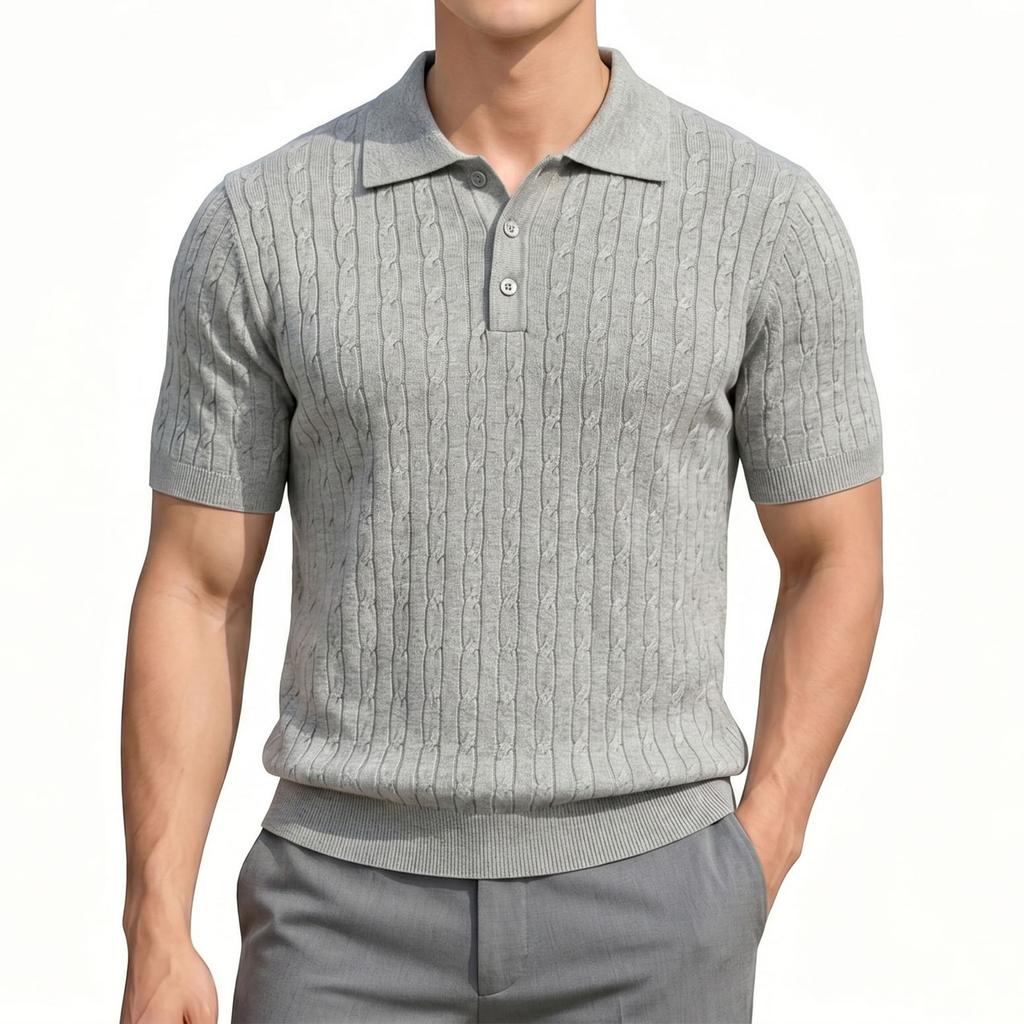 Men's Short Sleeve Polo Shirt Cable Knit Pattern Casual Lightweight Breathable Summer Top Buttoned Neckline