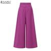 ZANZEA Womens Casual Elastic Waist Solid Color Loose Wide Leg Pants
