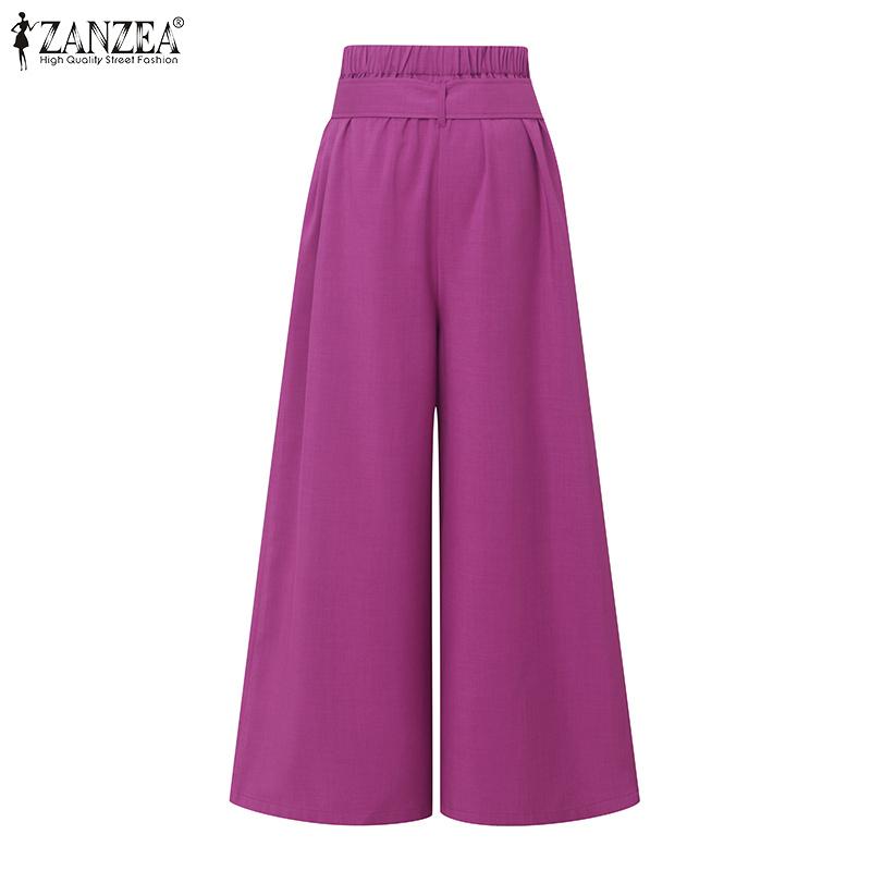 ZANZEA Womens Casual Elastic Waist Solid Color Loose Wide Leg Pants