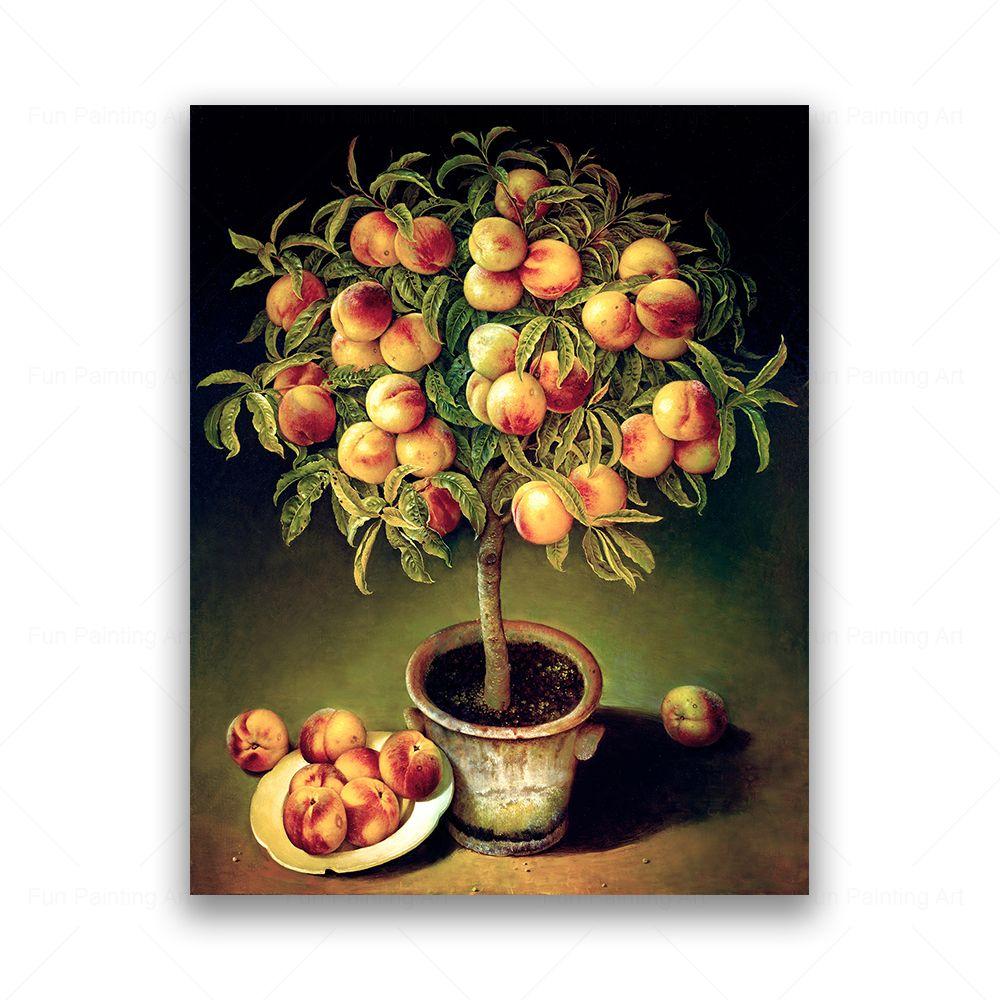 Vintage meyve ağacı natürmort tuval boyama şeftali nar elma limon portakal baskılar posterler duvar sanat resmi mutfak dekoru
