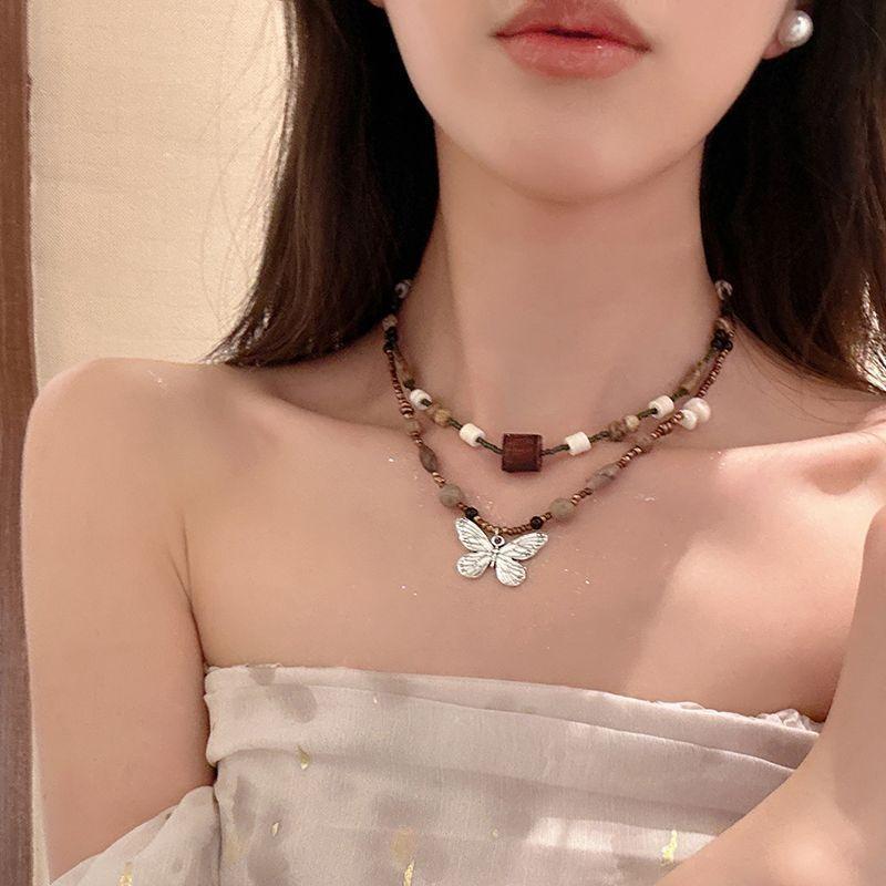 Guochao New Chinese Coffee Square Butterfly Beaded Necklace Female Wide Retro Literary Niche High-end Antique Accessories