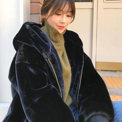 Plush Jacket Women's Winter Imitation Rex Rabbit Fur Imitation Fur Hooded Medium and Long Cotton-padded Coat Thickened Fashionable Loose Coat
