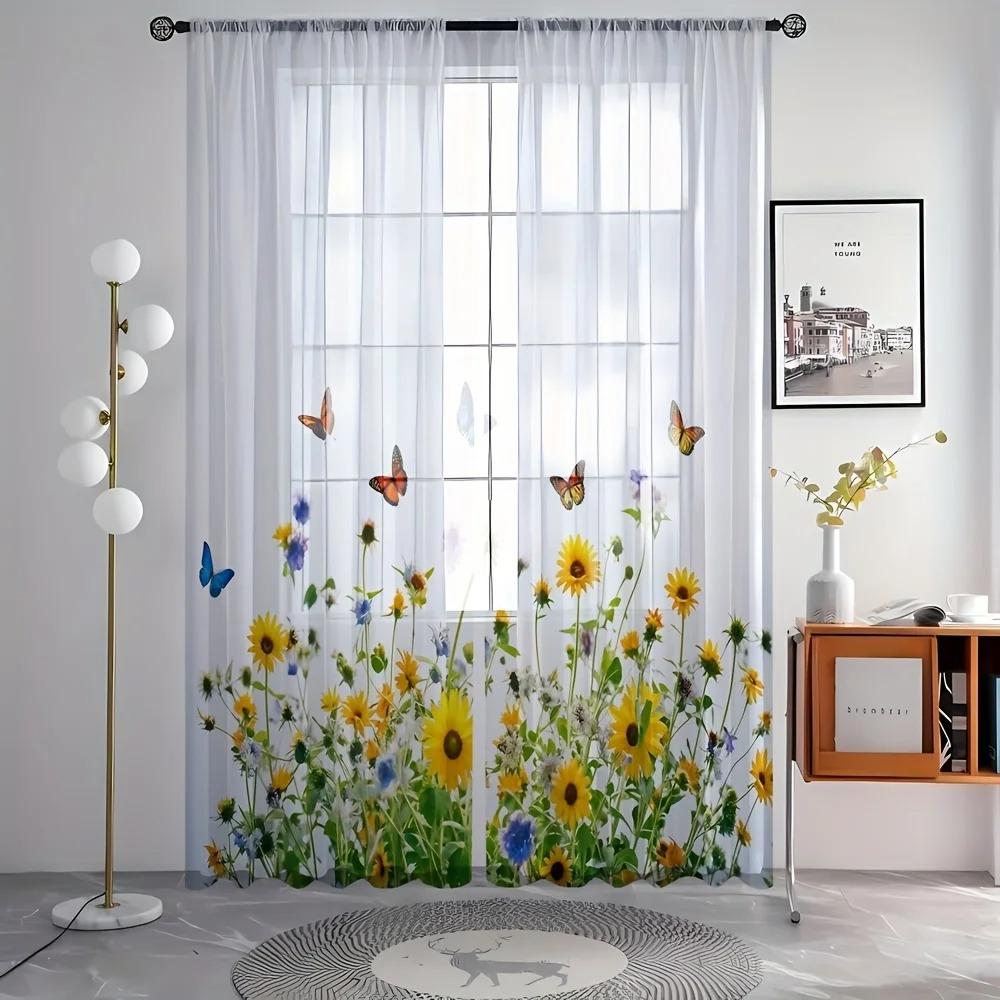 2pcs Sunflower Pattern Semi-sheer Curtains Decorative Window Drapes Window Treatments For Bedroom Living Room Home Decoration