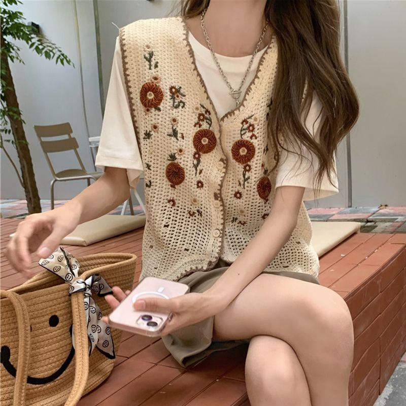 Crochet Hollowed-out Vest Women's Spring and Summer French Niche Floral Embroidered Sleeveless Knitted Cardigan Small Coat