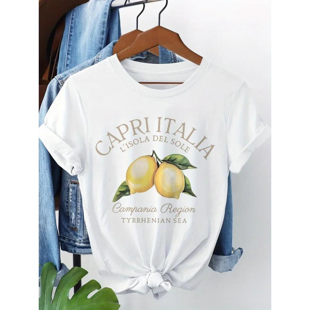Funny Lemon Capri Italia Print T-shirt Oversized Retro T-Shirts Short Sleeve Crew Neck Casual Top For Summer Women's Clothing
