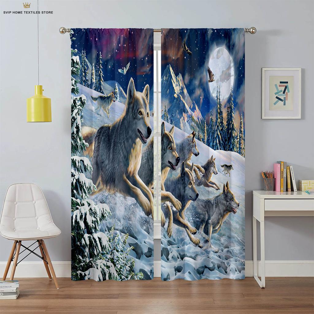Tier Star und Wolf 3D-gedruckte Vorhänge, Geeignet für Schlafzimmer, Wohnzimmer, Arbeitszimmer, Küche, Fensterdekoration, 2 Stück