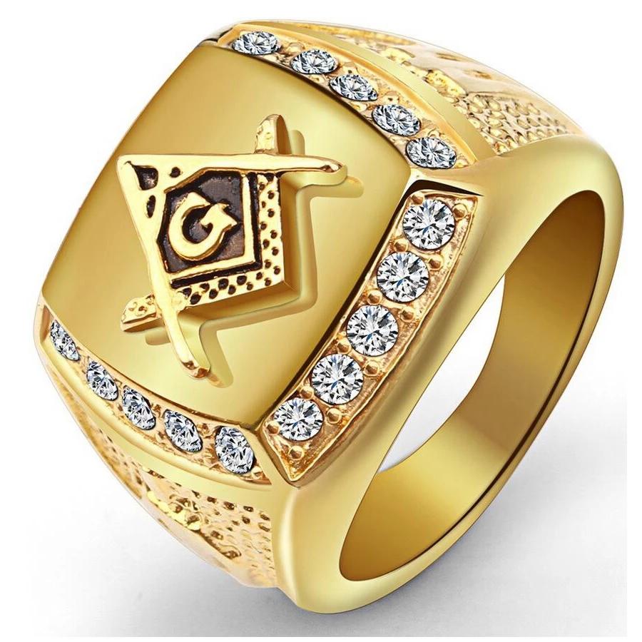 

316L Stainless Steel Cool Gold Color Freemason Ring Men Hip Hop Iced Out Bling Crystal Masonic Rings Fashion Jewelry 10