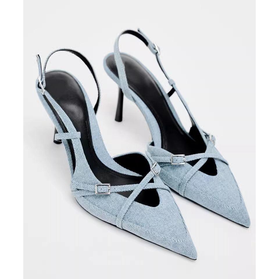 

2025 spring and summer new denim shallow mouth strap hollow bag head sexy stiletto fashion sandals muller shoes 39 джинсовый синий