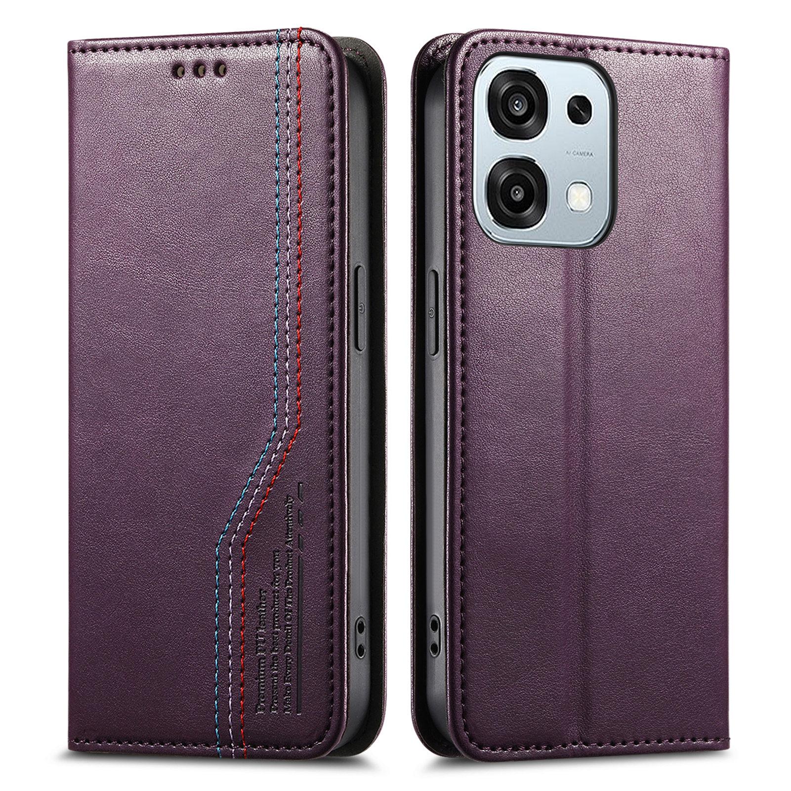 

Для Oppo A6 Pro 5G/F31 5G Чохол-гаманець зі шкіри з триколірною строчкою та еластичним ремінцем на зап ястя