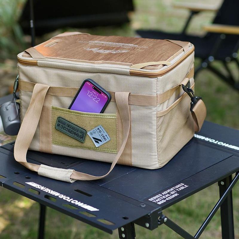 Borsa Tattica da Campeggio per Esterni, Organizer Portatile ad Alta Capacità con Coperchio in Legno per Utensili da Cucina e Bombole di Gas