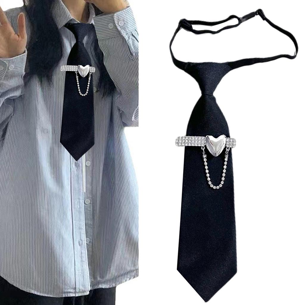 Pre Tied Tie With Metal Heart Rhinestone Design Classic Black Necktie For Business Casual Wear Easy Adjustable Alloy Buckle