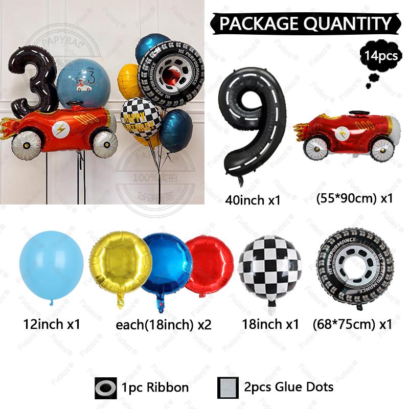 

14pcs Red Racing Grid Flag Balloon Black Numbers 1-9 Birthday Balloon Set Racing Themed Party Decor Children s Birthday Supplies 40inch