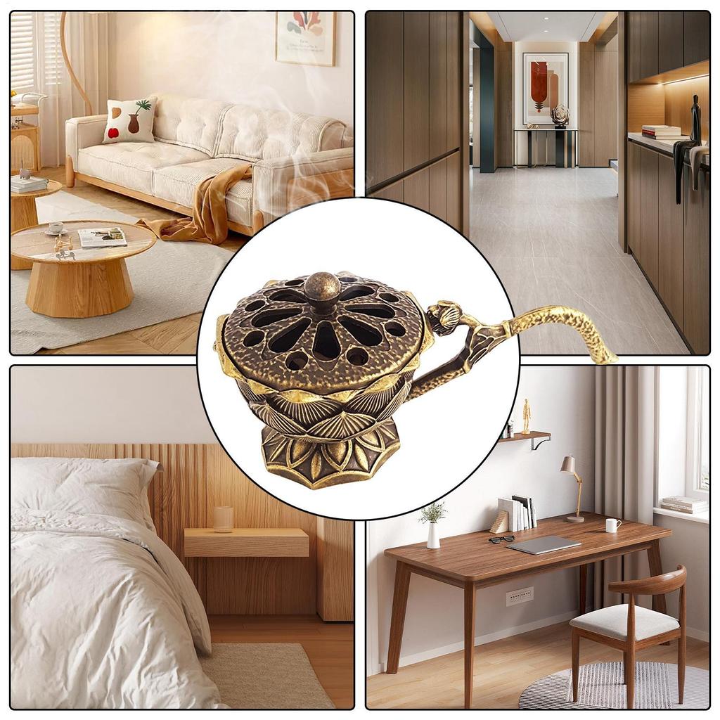 Handheld Lotus Incense Burner Brass Retro Hollow Lotus Incense Sandalwood Burner Table Decoration for Yoga Spa Mediation