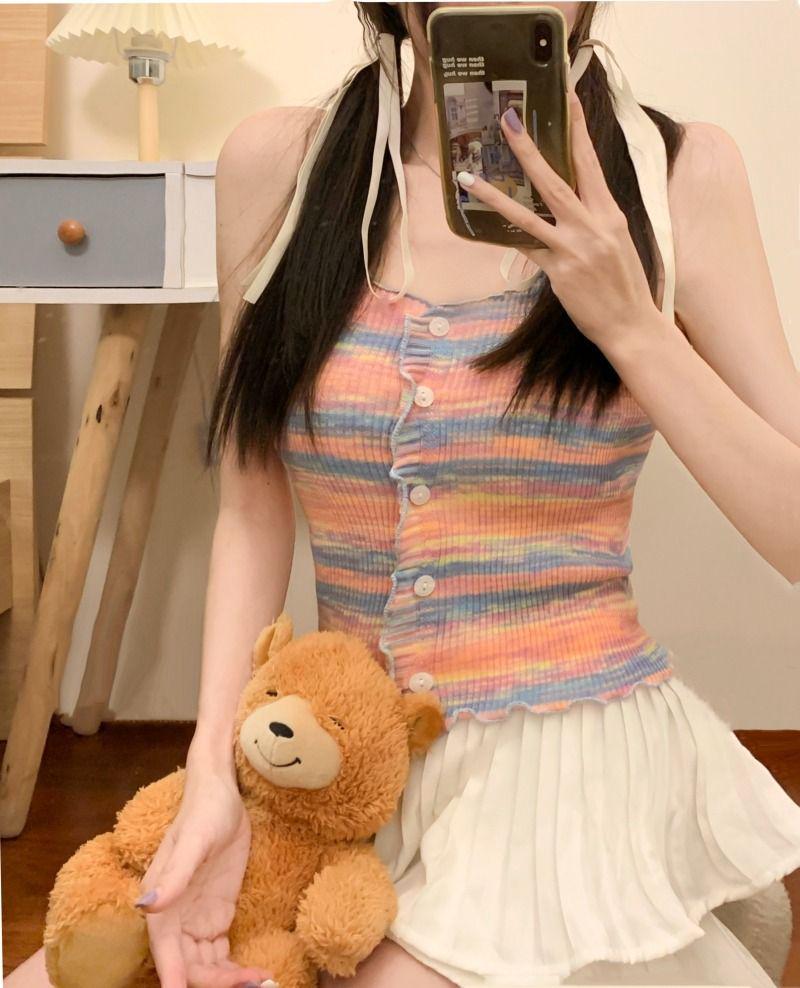 Rainbow Stripe Lettuce Edge Slim Tank Top - Women's Summer Layered Outerwear