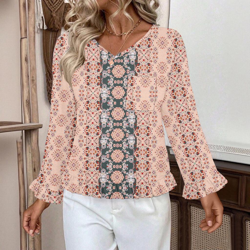 Women's Casual Fashion Ruffle V-Neck Pocket Retro Print Long Sleeve Top