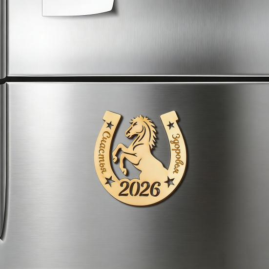 1/2/3Pcs 2026 Year of The Horse Fridge Magnet Rustic Wooden Auspicious Horseshoe Fridge Magnet Chinese New Year Home Office Kitchen Decoration