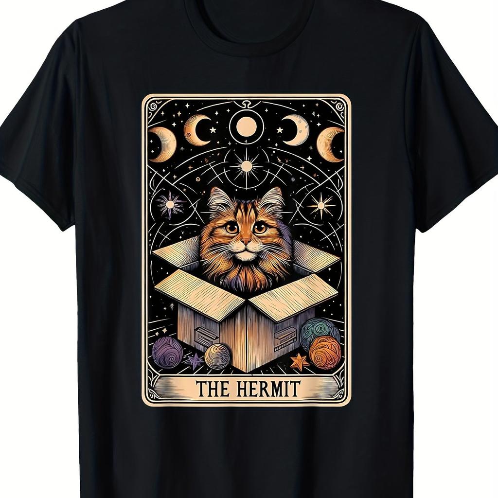 The Hermit Tarot Cat In A Box Graphic Tee Funny Mystic Celestial Print Casual Short Sleeve TShirt
