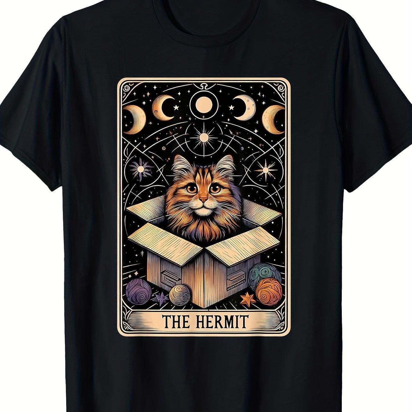 The Hermit Tarot Cat In A Box Graphic Tee Funny Mystic Celestial Print Casual Short Sleeve TShirt S