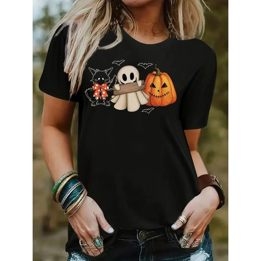 T-shirt Halloween Noir Chat Citrouille Imprimé pour Femmes Décontracté Manches Courtes Col Rond avec Design Chauves-Souris Toiles d'Araignées Effrayantes