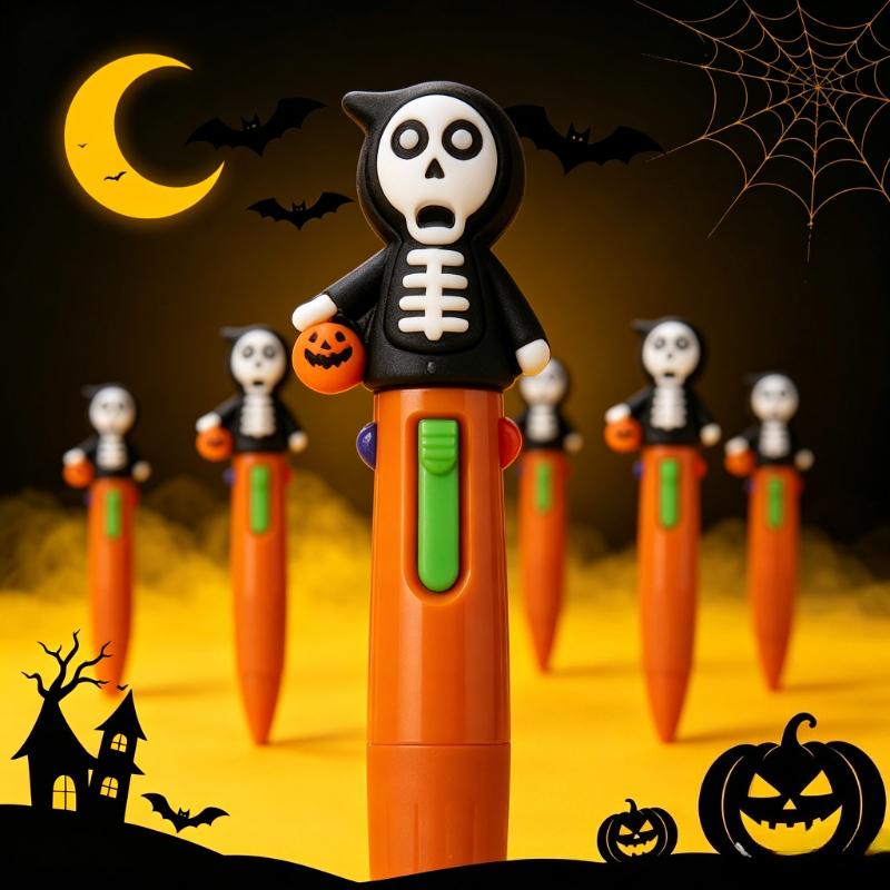 23 Pcs Halloween Four-Color Retractable Ballpoint Pens, 3D Skeleton With Pumpkin Candy Bucket Topper,Cartoon Student Stationery, Halloween Gifts