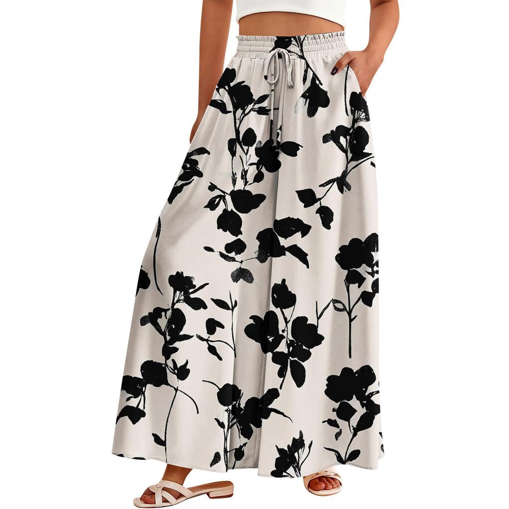 Palazzobukser for kvinner Boho blomsterbukser med vidde ben Sommerstrand med høy midje, flytende bukser med lommer