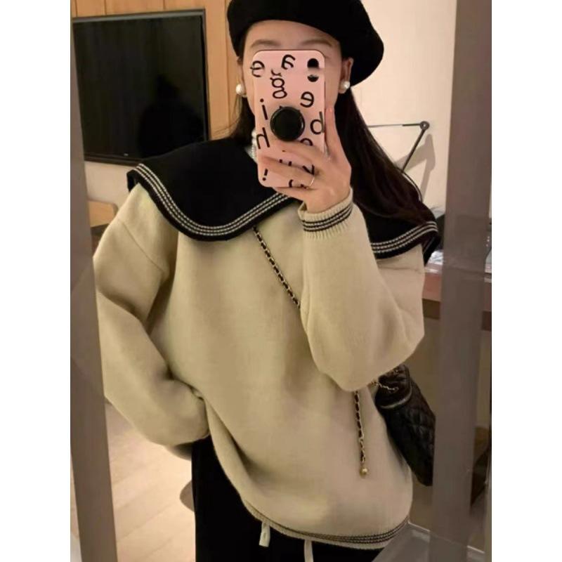 Contrasting Color Doll Collar Sweater Female Spring and Autumn Small Lazy Wind Loose Soft Waxy Sweet Thickened Knitted Top