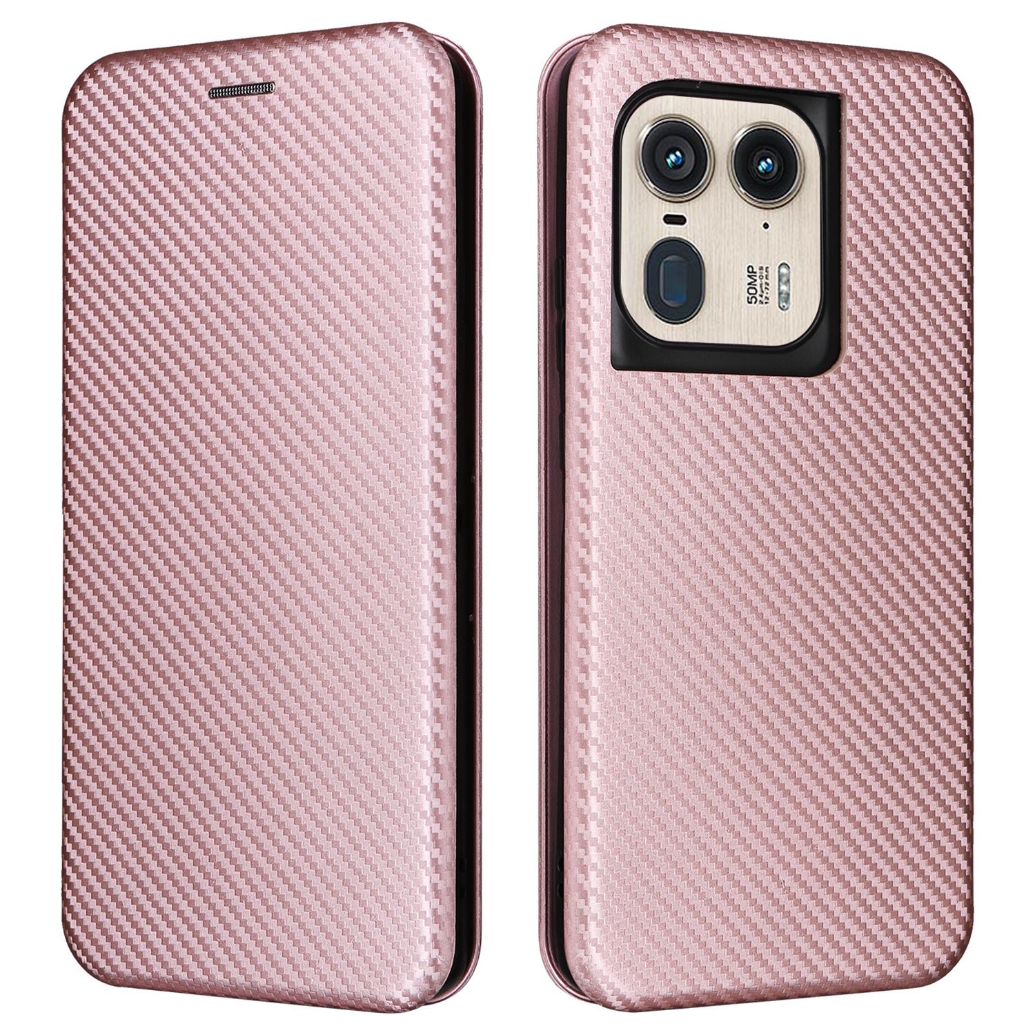 

For Motorola Edge 50 Ultra 5G/Moto X50 Ultra 5G Mobile Phone Case Card Slots Carbon Fiber Texture Leather Phone Stand Cover Rose Gold