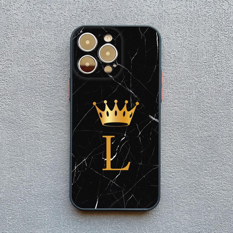 Crown Letter A To Z Phone Case For Iphone 16 13 14 15 Pro Max 11 12 8 7 Plus SE20 X XR XS Marble Pattern Black Shockproof Cover