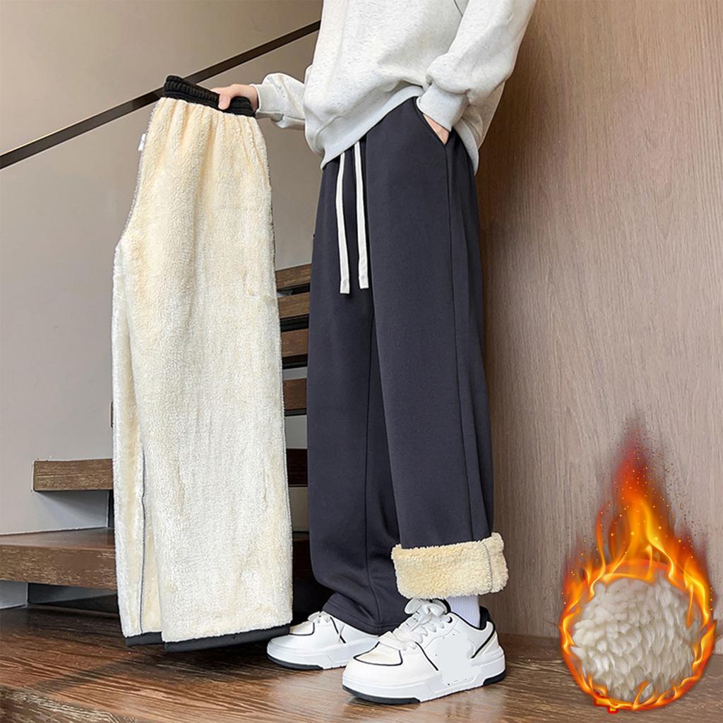 Men's Winter Casual Plus Velvet Thick Pants Straight Trousers Sweatpants Fleece Track Pants Outdoor Korean Clothes