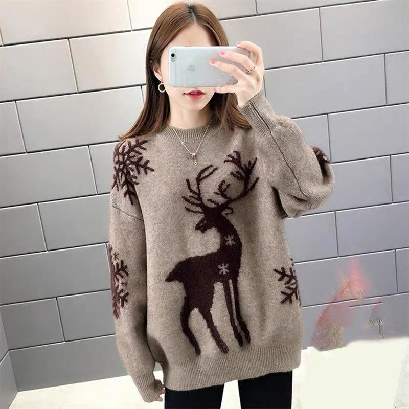 

New Christmas Elk Sweater Women s Autumn and Winter Thickened Loose Ladies Bottom Lazy One size верблюд