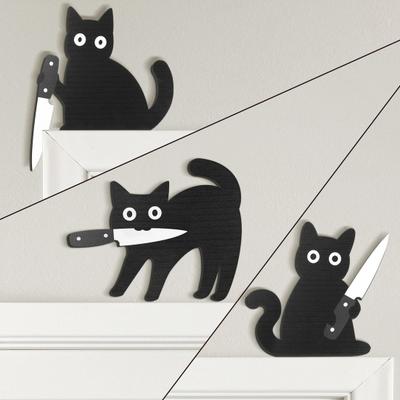 Black Cat Door Topper Halloween Door Frame Decoration Spooky Wooden Cat In Playful Poses Wall Art Decor for Entryway Kitchen Shelf