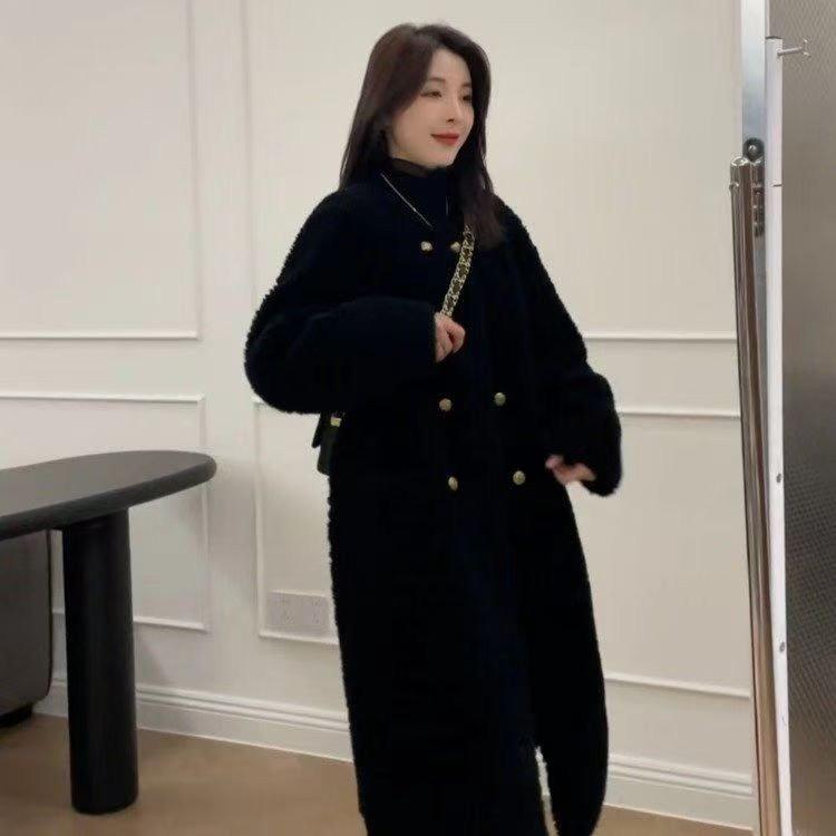 

Женское двубортное пальто из флиса из овечьей шерсти на осень/зиму 2024 - Толстое средней длины в ленивом стиле Medium чёрный