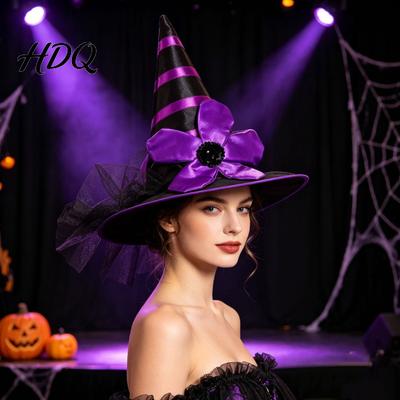 Gorgeous Witch Hat for Kids Halloween Women Girls Large Striped Wizard Girls with Flower Costume Accessories Cosplay Party Holiday Themed